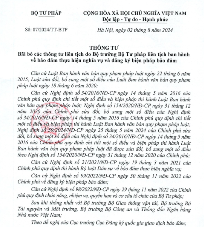 Bãi bỏ các Thông tư liên tịch do Bộ trưởng Bộ Tư pháp liên tịch ban hành về bảo đảm thực hiện nghĩa vụ và đăng ký biện pháp bảo đảm